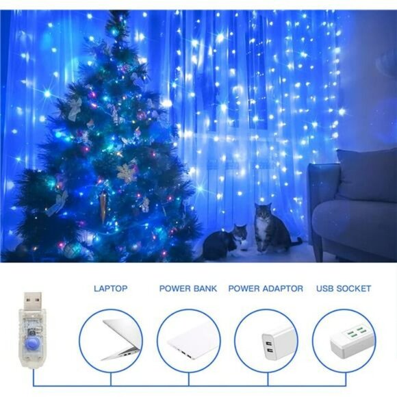 Blue Curtain Fairy String Lights 200 LED USB Remote Wedding Wall Bedroom Decor - Picture 3 of 7